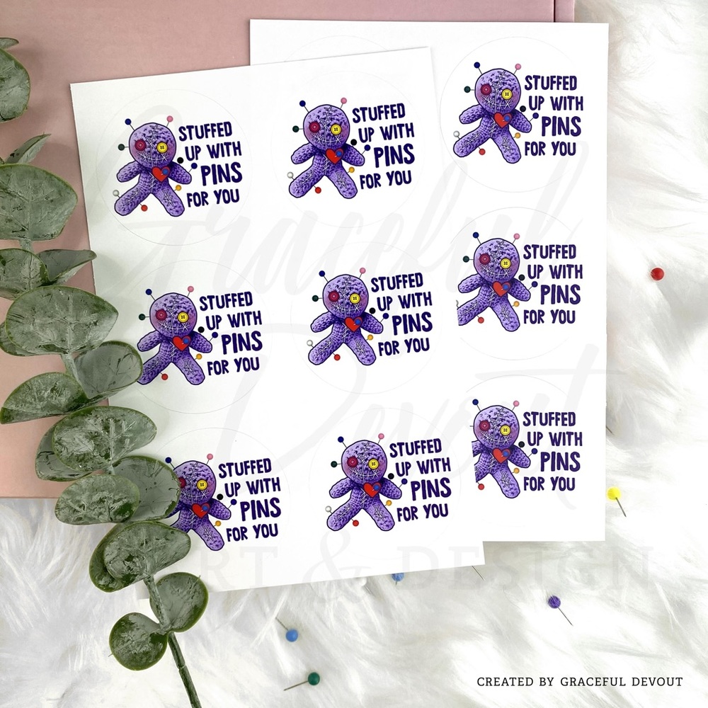 Stuffed Up With Pins For You - 2" (inches) (48ct.) Stickers - Picture 4 of 5